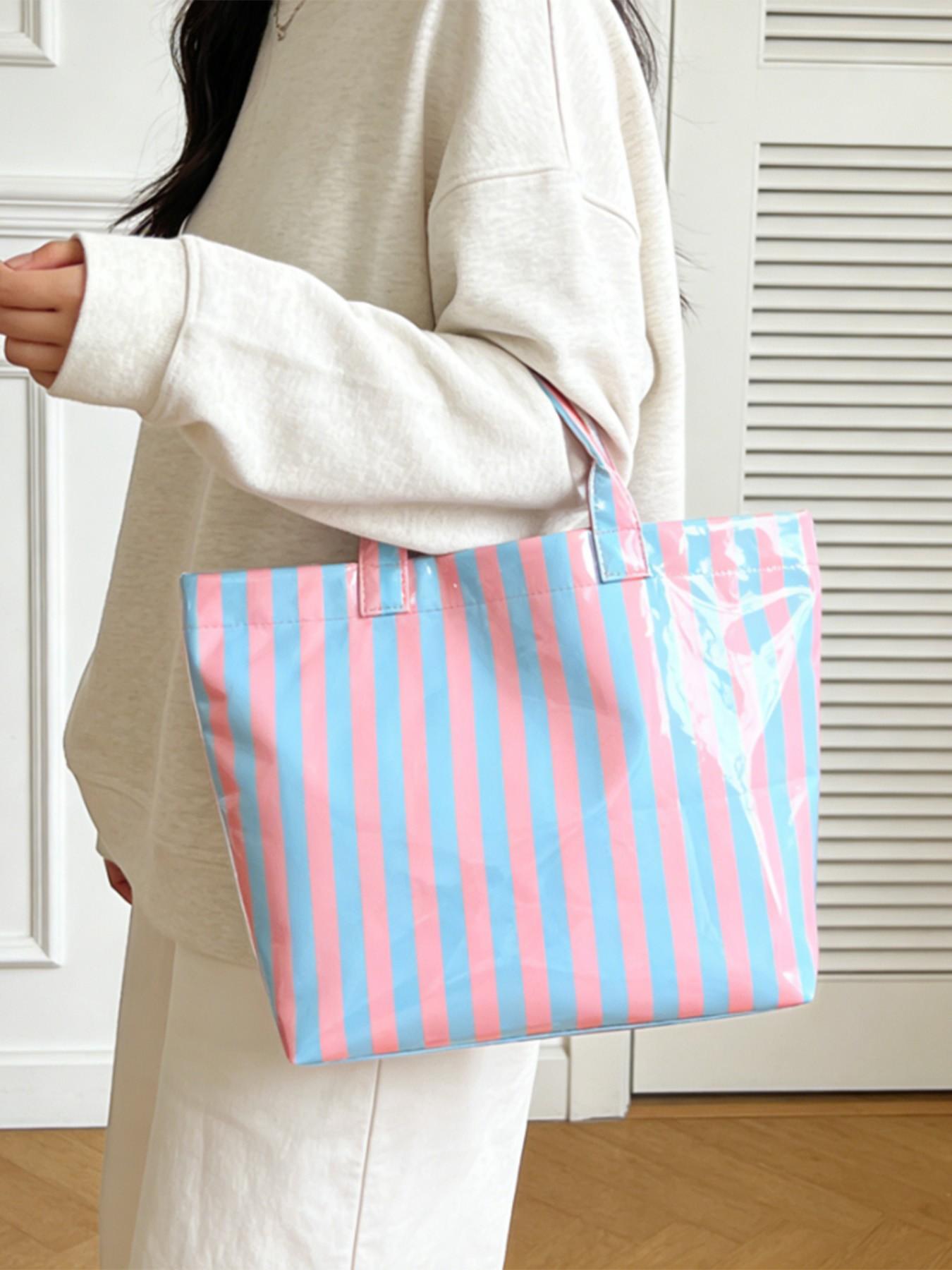 2026 New Striped Handbag Tote Bag, Large Capacity Shopping Bag, PVC Waterproof Fabric, Velcro Closure, Ideal for Daily Commute, Beach Vacation, Travel