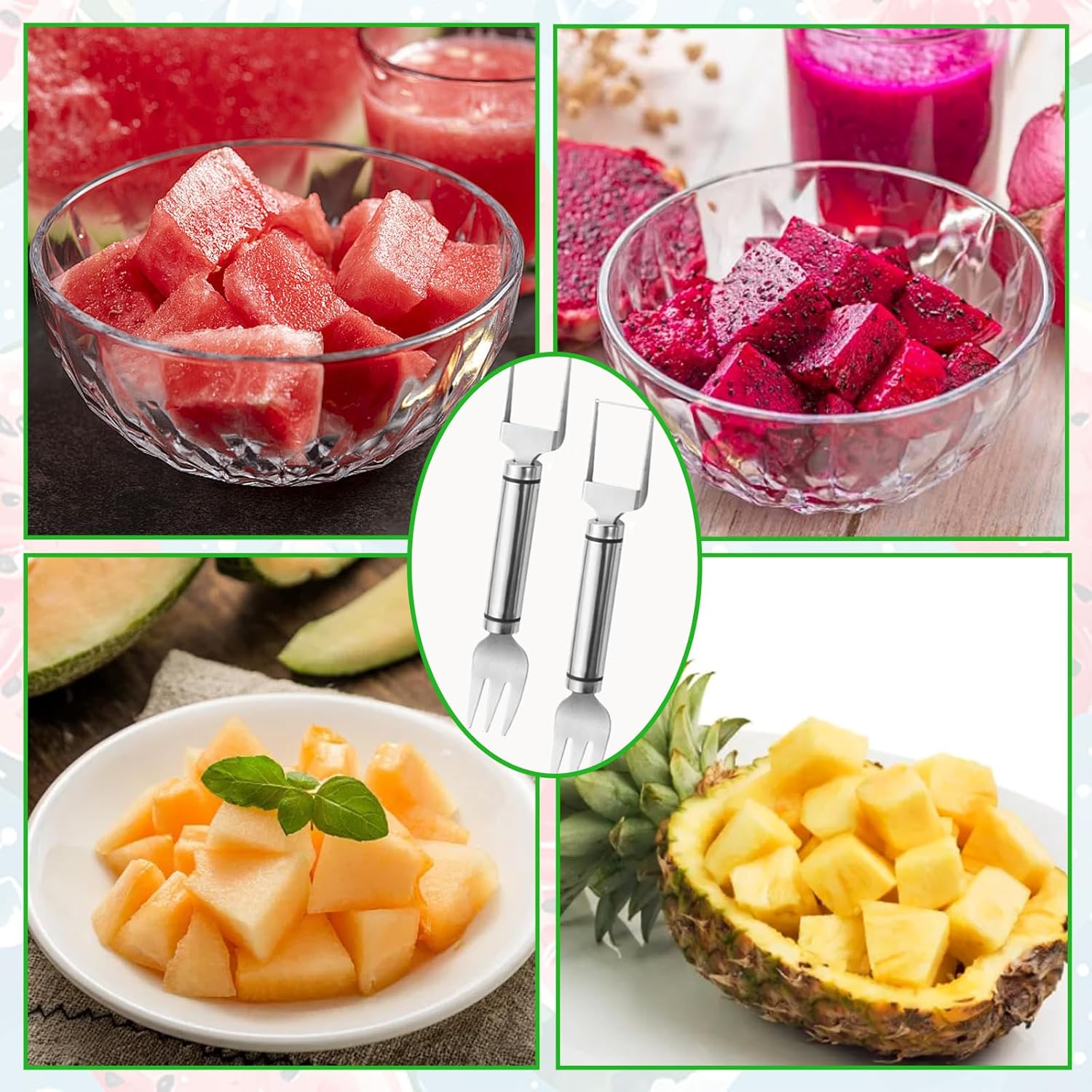 Watermelon Fork Slicer Cutter Slicer Tool, 2-in-1 StainlessSteel Fruit Cutter, Dual Head Fruit Forks Slicer Knife withRound Handle Kitchen Utensils Kitchenware