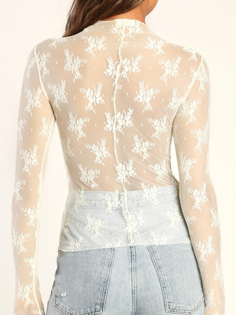 Women's Floral Layering Lace Tops With Thumb Hole, Mesh See Through Slim Shirt All Seasons, Micro Elasticity Long Sleeve Mock Neck Sxy Style