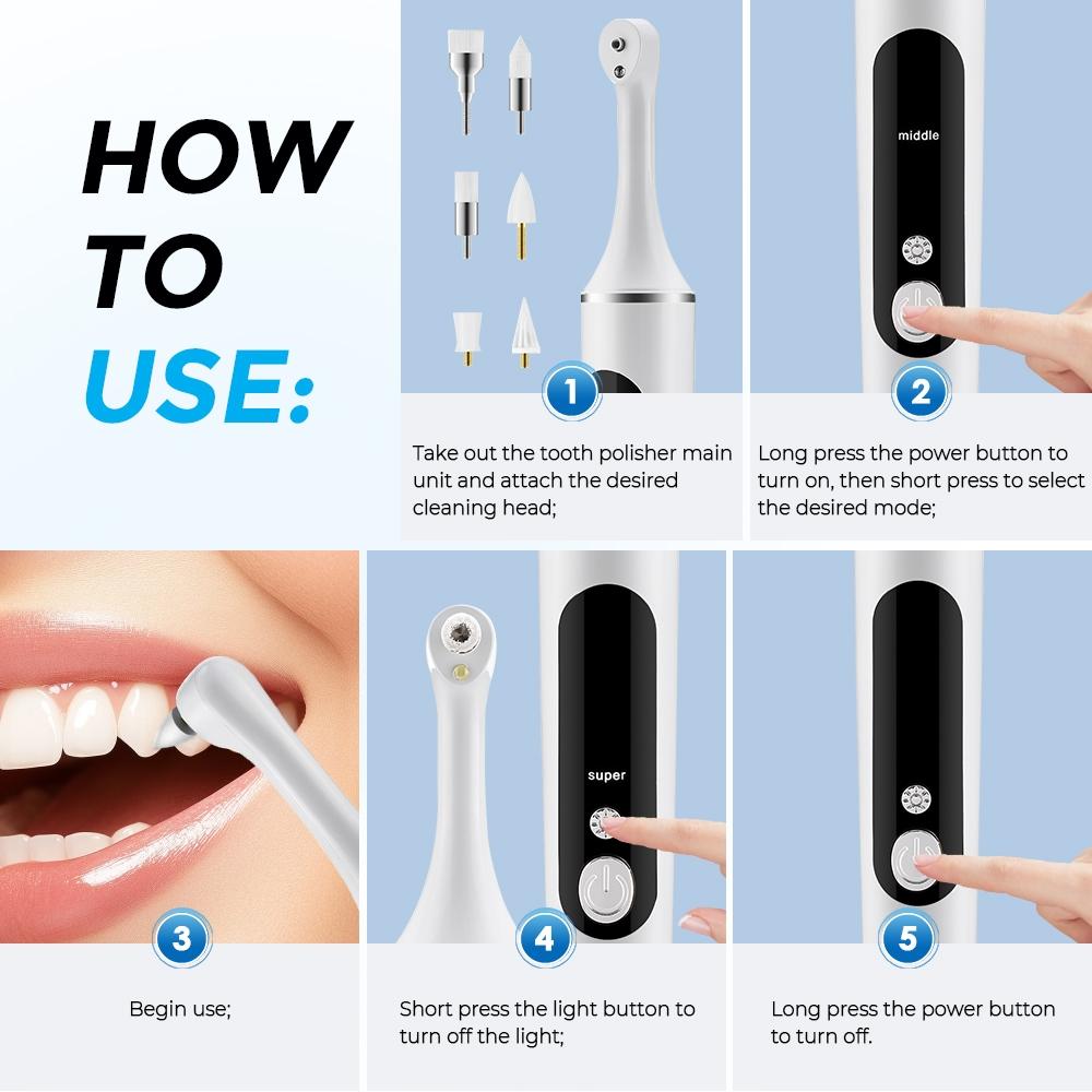 Electric Tooth Polishing Device, Home Teeth Cleaning Set with 6 Brush Heads LED Light , 5 Modes, USB Charging, Oral Care Tool