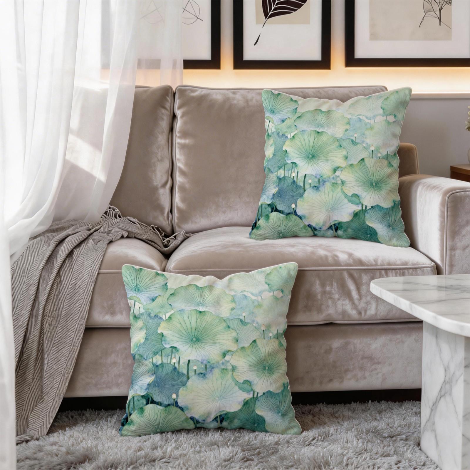 1 Piece Watercolor Lotus Leaf Throw Pillow, Green Lotus HD Digital Print Decorative Accent Pillow, Soft Cushion with Invisible Zipper for Couch Bed Sofa, 18x18 Inch (No Insert)