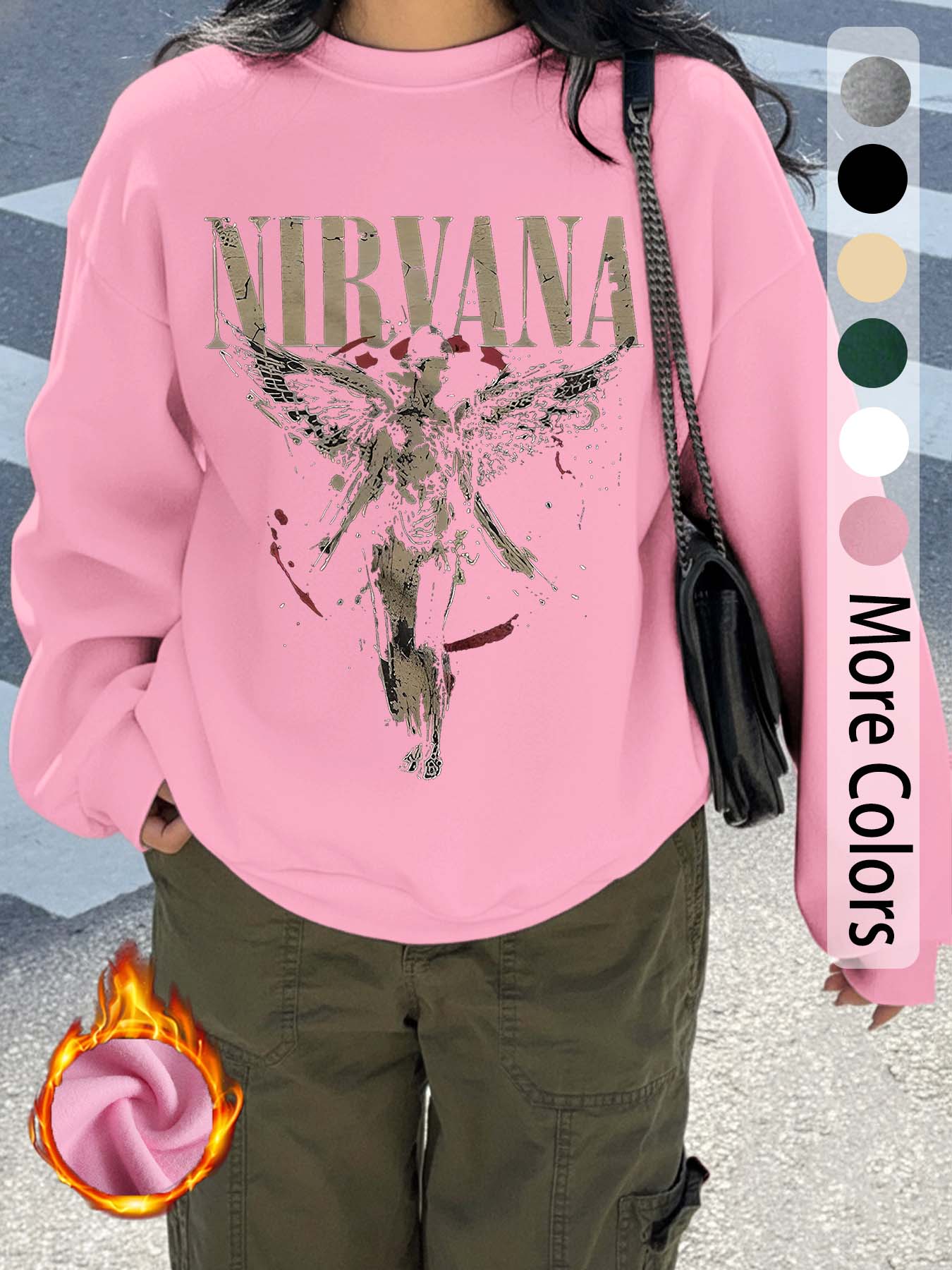 "Nirvana" Nirvana band pattern letter print, casual retro long-sleeved pullover, round neck casual sports women's pullover sweatshirt, autumn and winter plus velvet women's clothing