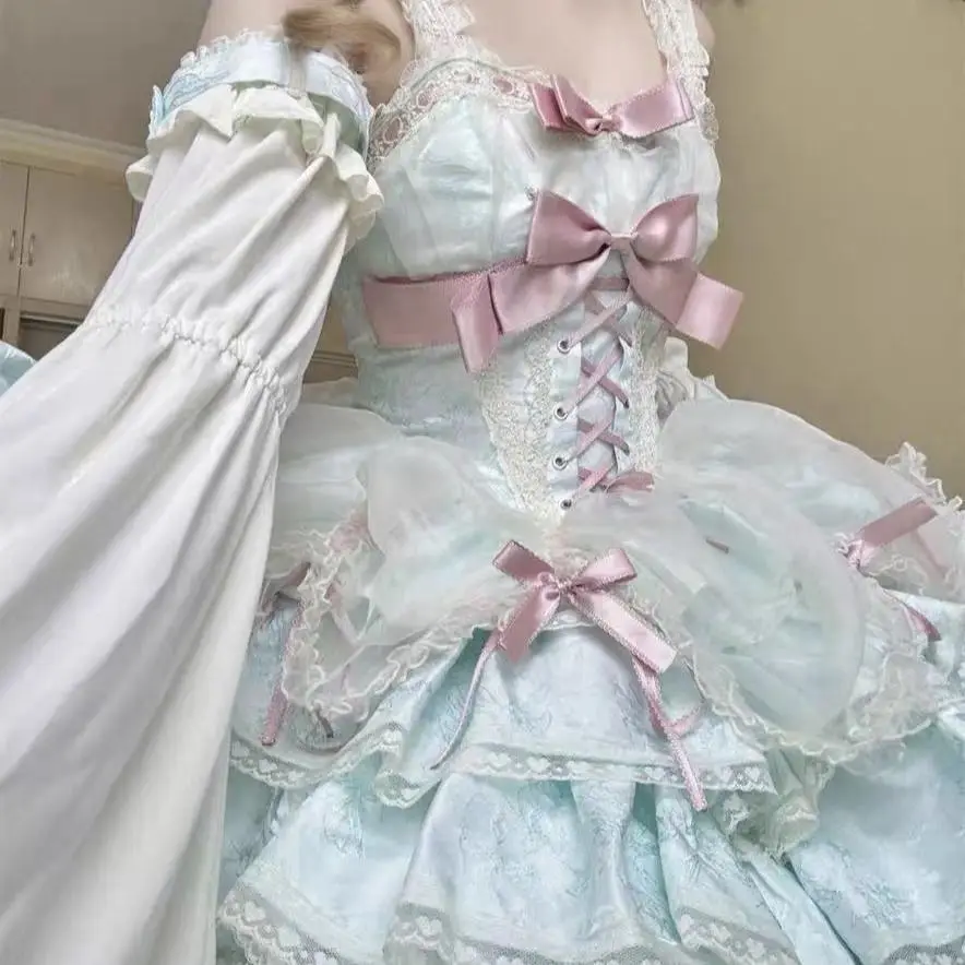 Sweet Lolita Lace Ruffled Dress Women Pink Bow Corset Tiered Skirt Princess Party Sweet Elegant Lolita Fashion Vintage Kawaii