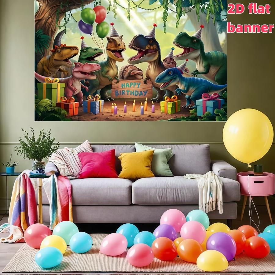 Dinosaur birthday party background banner with cartoon dinosaurs, balloons, and gifts, decorated with polyester material background cloth, suitable for photo booths, parties, birthdays, celebrations, and indoor and outdoor home birthday party decoration