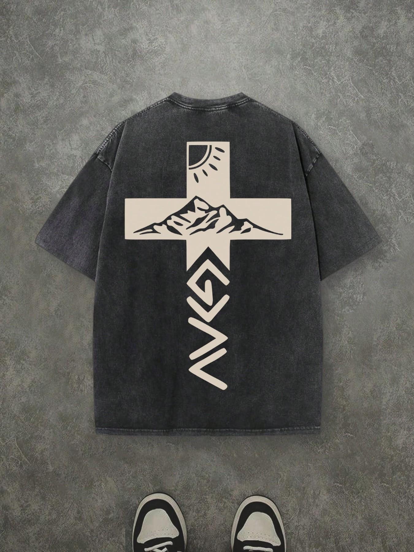 Vintage Washed Loose Fit T-Shirt, Dual-Sided Mountain Cross Print, Y2K Retro Street Style, Unisex Casual Top, All Seasons Wear