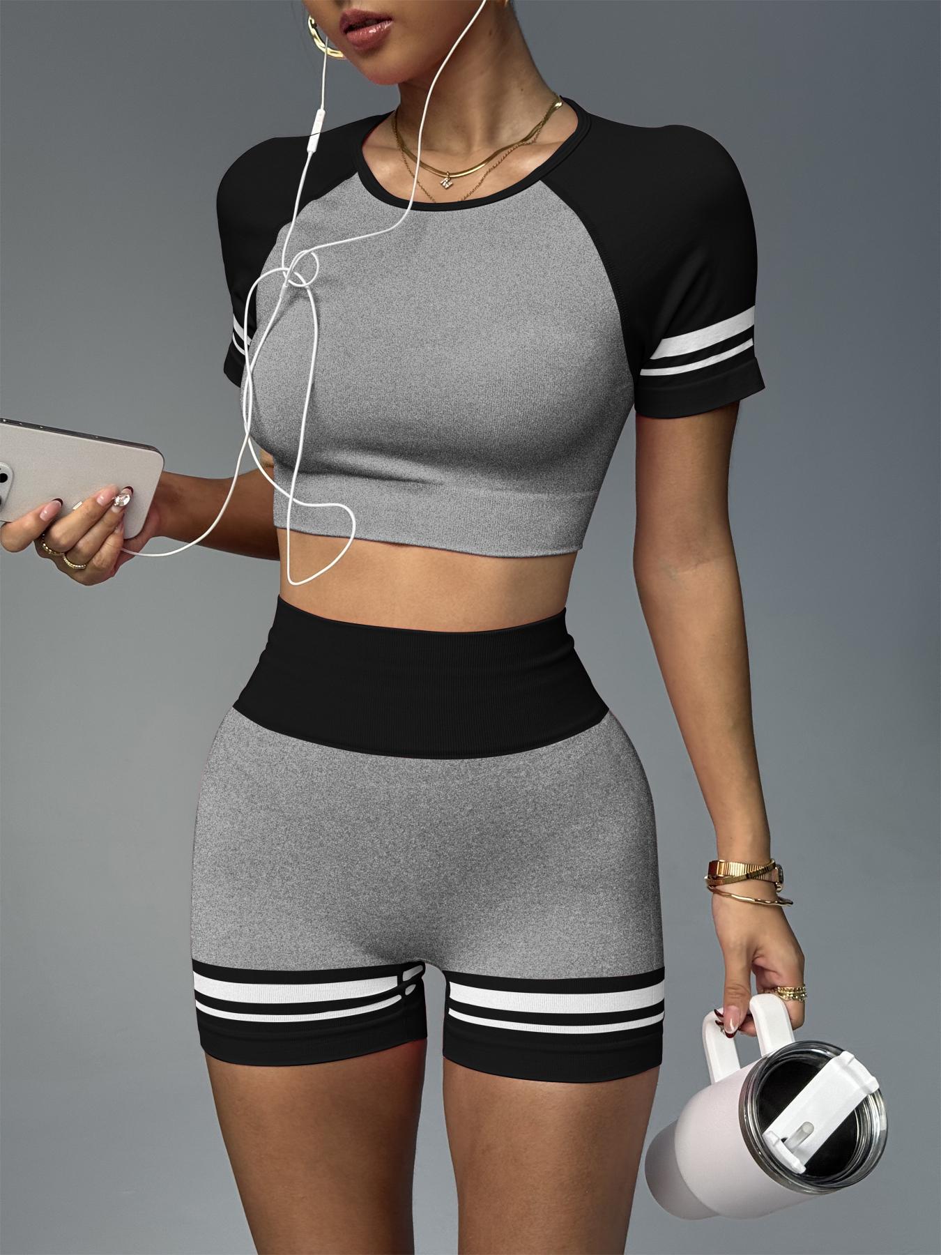 Women's Striped Print High Waist Gym, Sporty Breathable Comfortable High Stretch Yoga Shorts, Ladies Sportswear for Indoor Outdoor Wear Gym Fitness Shorts