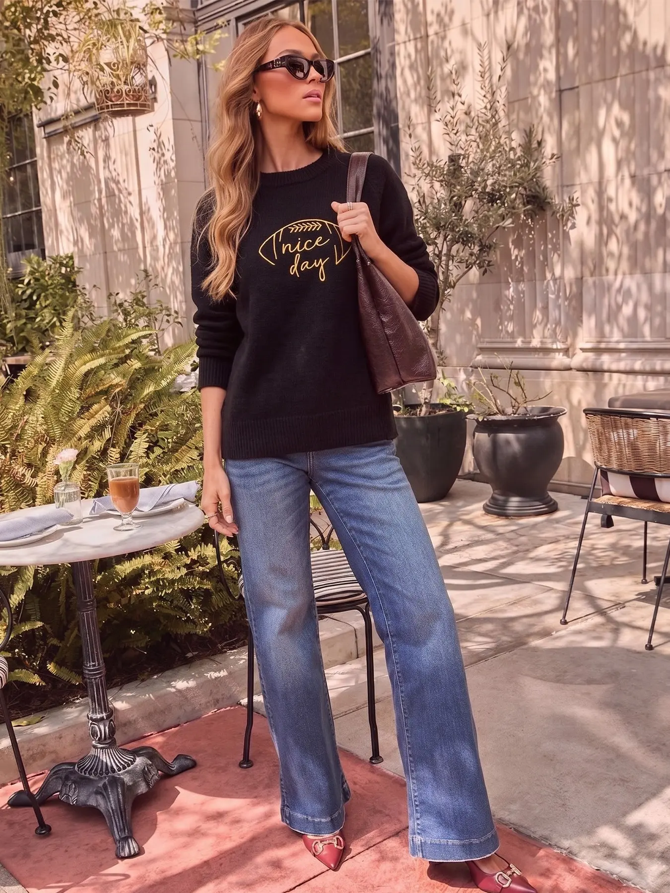 British Casual Rugby Embroidered Knit Pullover, Round Neck Drop Shoulder Loose Long Sleeve Letter Top, Fall Winter Fashion Sweater