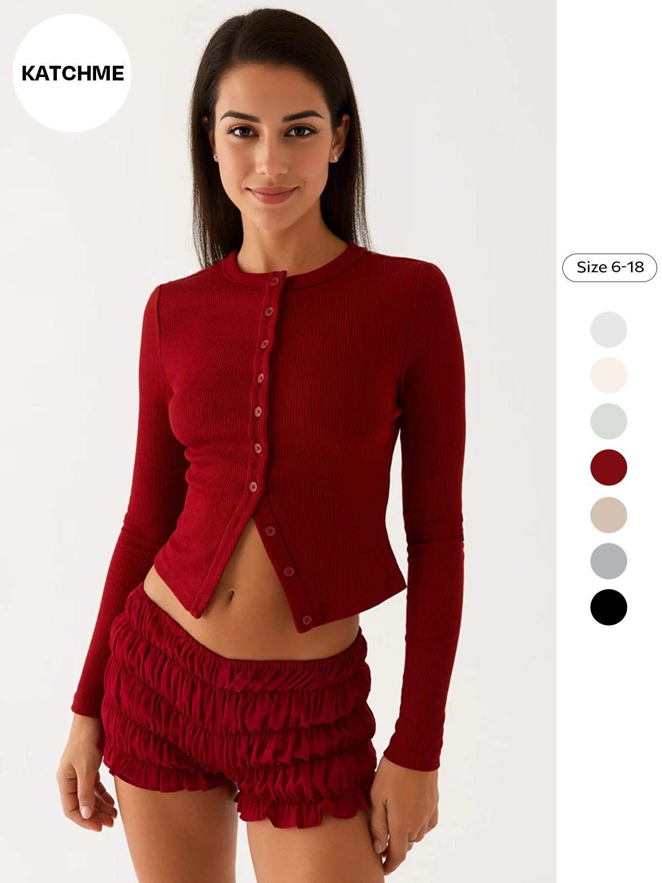 Basic Solid Color Round Neck Button Long Sleeve Slim Top