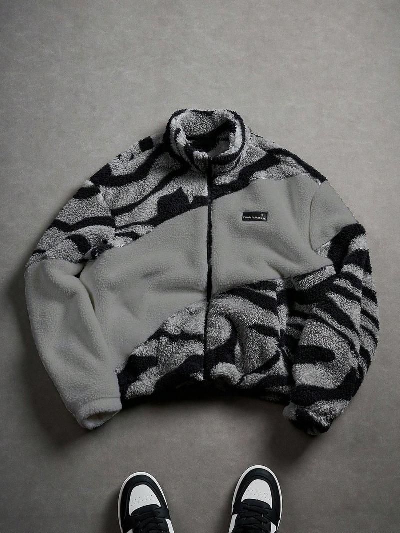 Men's Zipper Letter Graphic Windbreaker Jacket, Outdoor Parka Coat, Winter Jacket, Casual Fitted Jacket, Zip Up Coats, Casual Streetwear, Fall & Winter Fashion