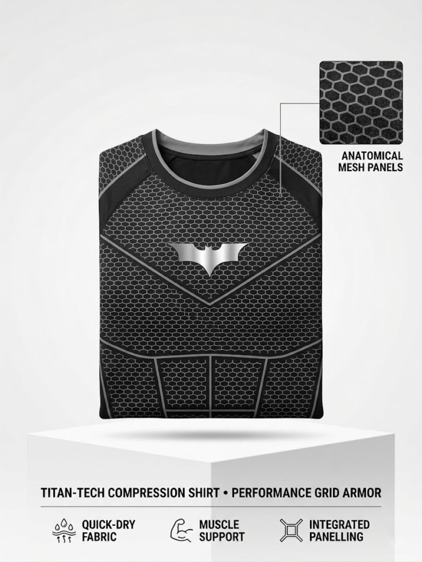 Men's Batman Compression Sports Shirt, Short Sleeve Workout Top, Quick-Dry Breathable Athletic Apparel, Ideal for Fitness Training
