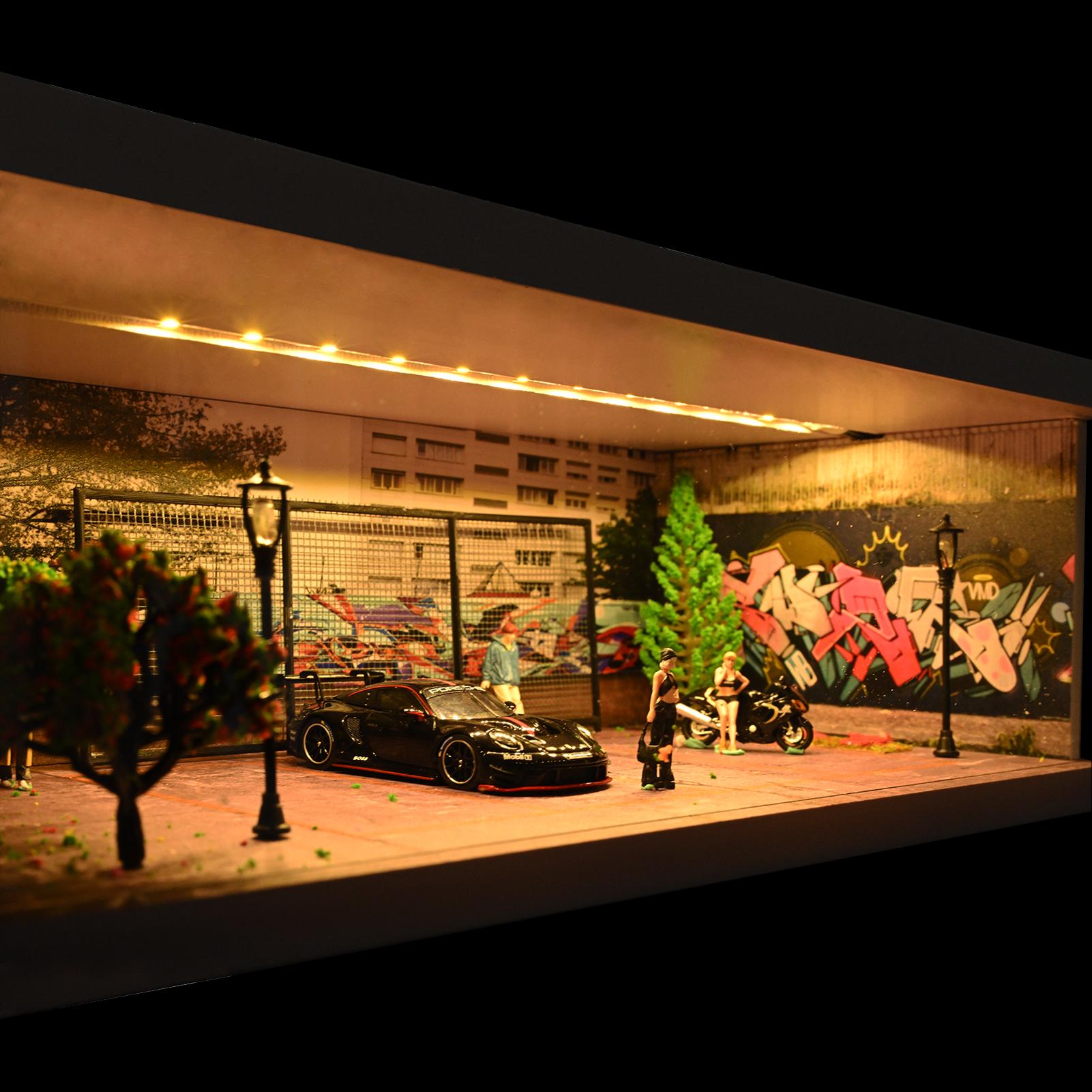 Diorama 1:64 Scale Car Garage Model With LED Lighting Fits For 1/64 Hot Wheels Diecast Model Car City Street Car Parking Lot Backdrop Display Model  Collection Toy Gift with Acrylic Dust Door