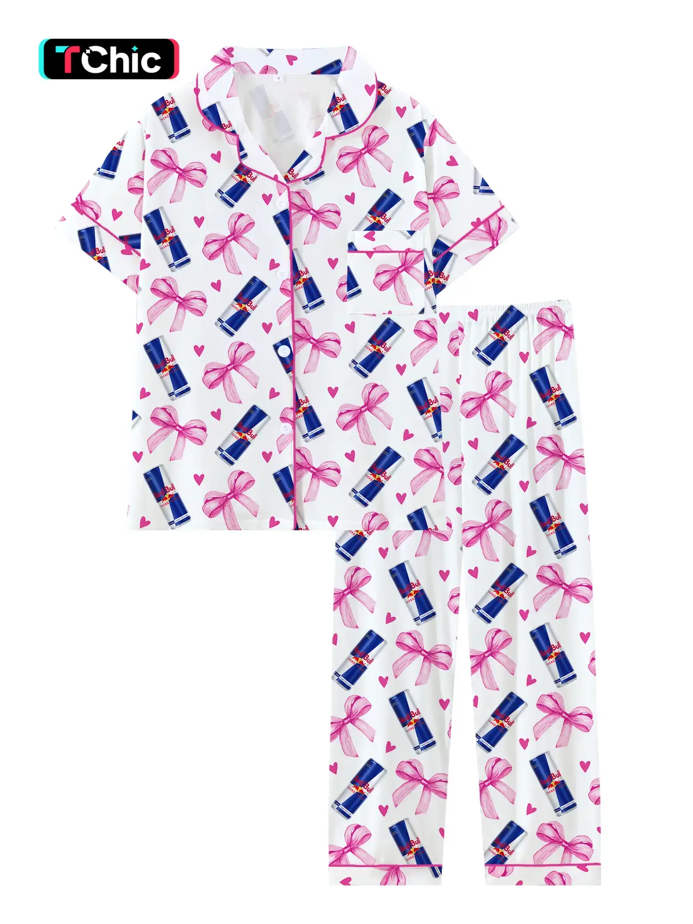 Teen Girls Soda Drink Bull Hooded Short Sleeve Long Pants Pajama Set, Ribbon Pajamas, Comfortable Sleepwear, All Seasons, Cute Gift, Pajama Outfit, Pj Sets