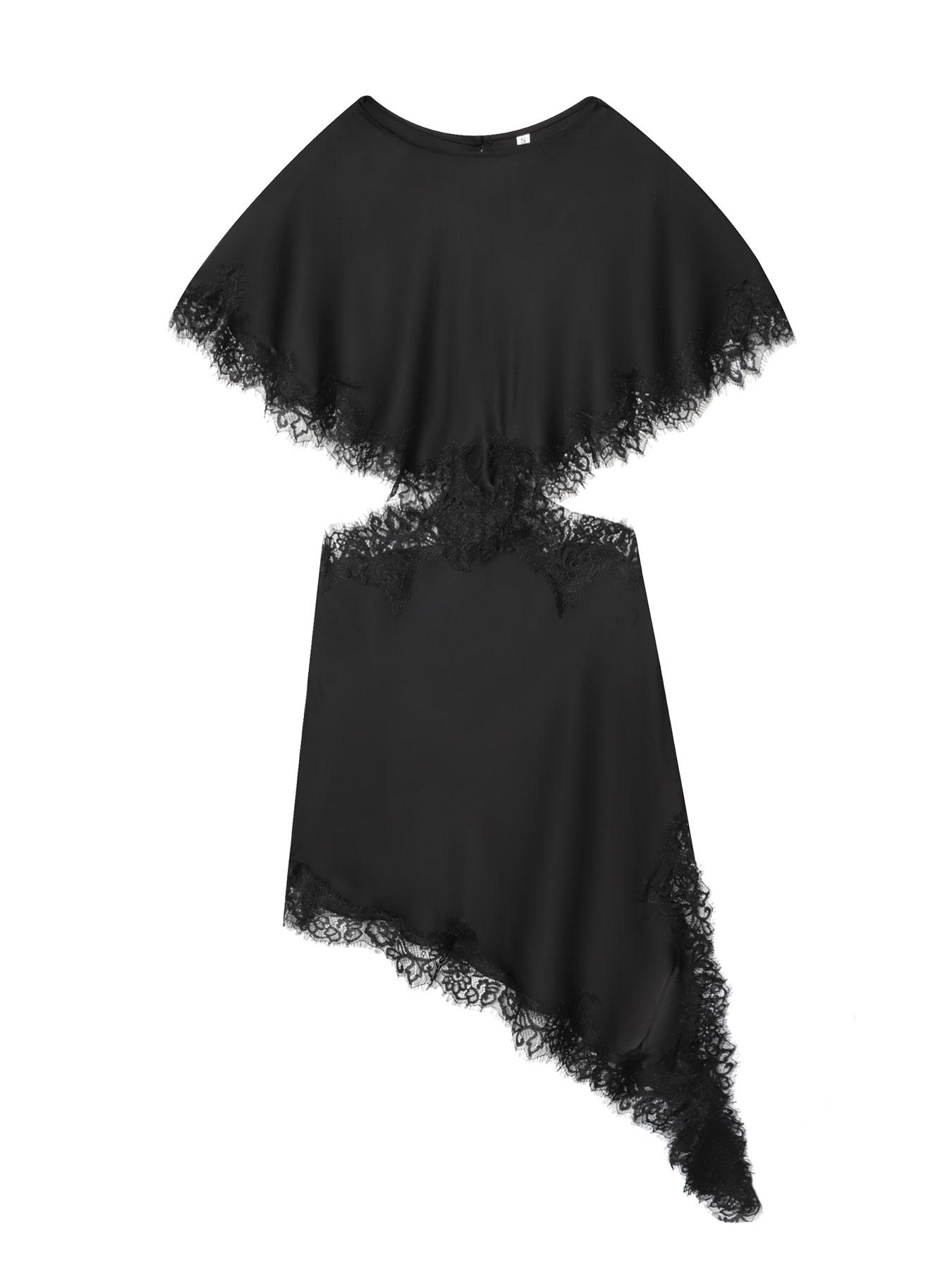 Lace Mini Dress with Cape Sleeves, Asymmetrical Hem and Intricate Lace Trim, Formal Party Fashion Dress