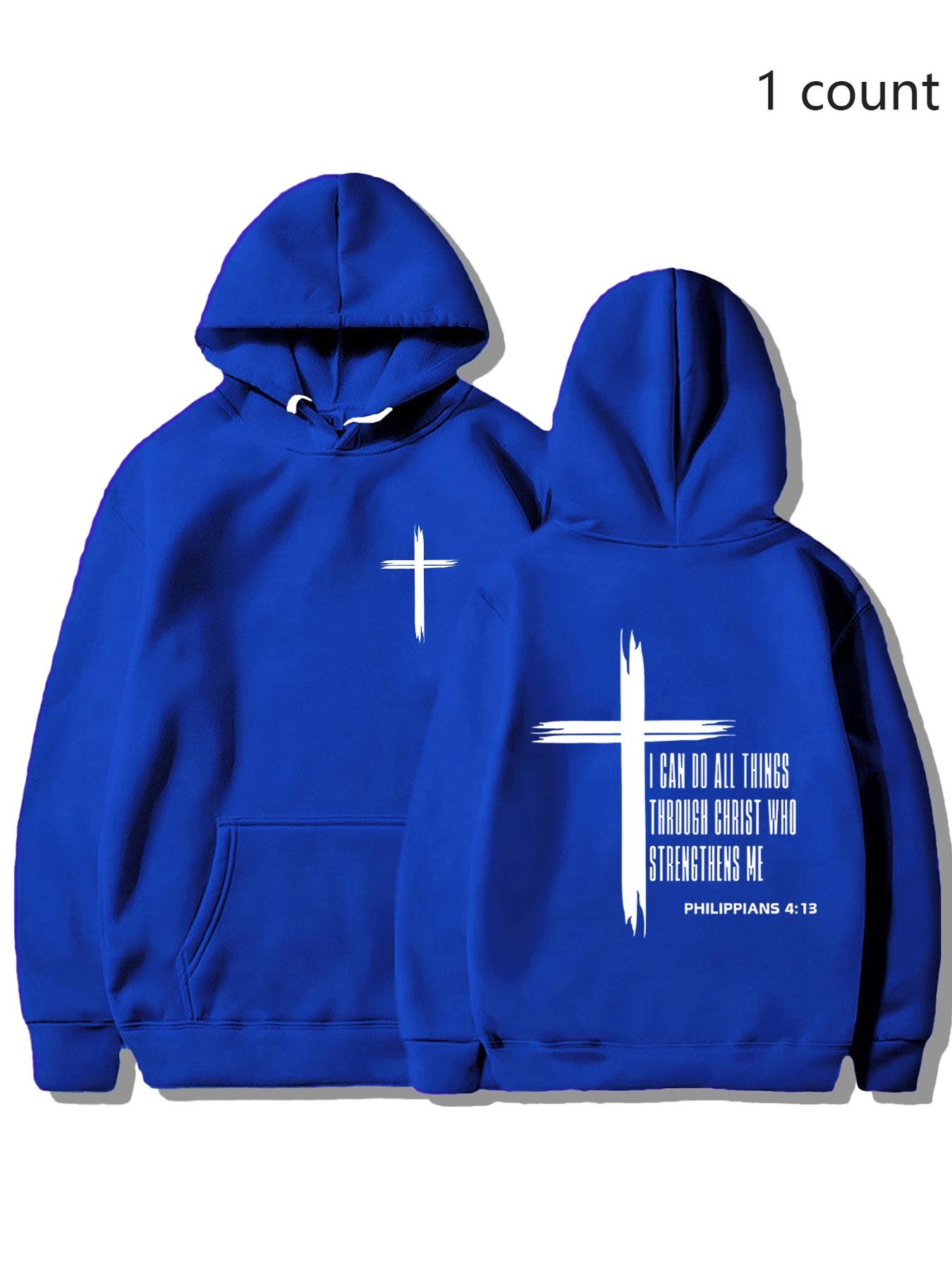 Christian Cross Hoodie, Philippians 4:13 Bible Verse Sweatshirt, Unisex Design Faith Inspiring Fitted Pullover Jacket, Casual Fall & Winter Wear