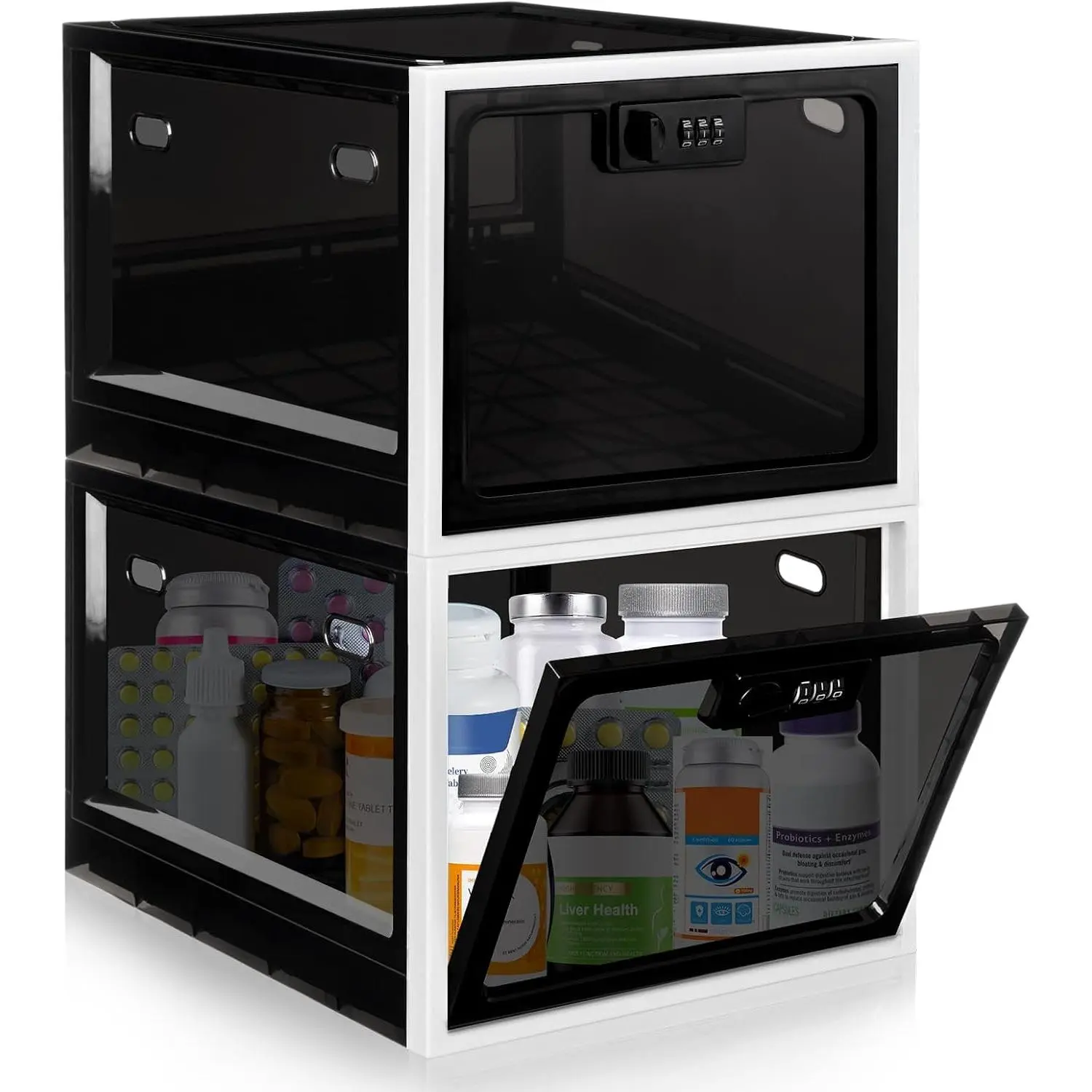 2 Pack Medicine Lock Box, Large Capacity Premium Material Lockable Storage Bin Organizer Box with Combination Code for Safe Medication/Fridge Food/Snacks/Phone/Tablet Jail(Black)