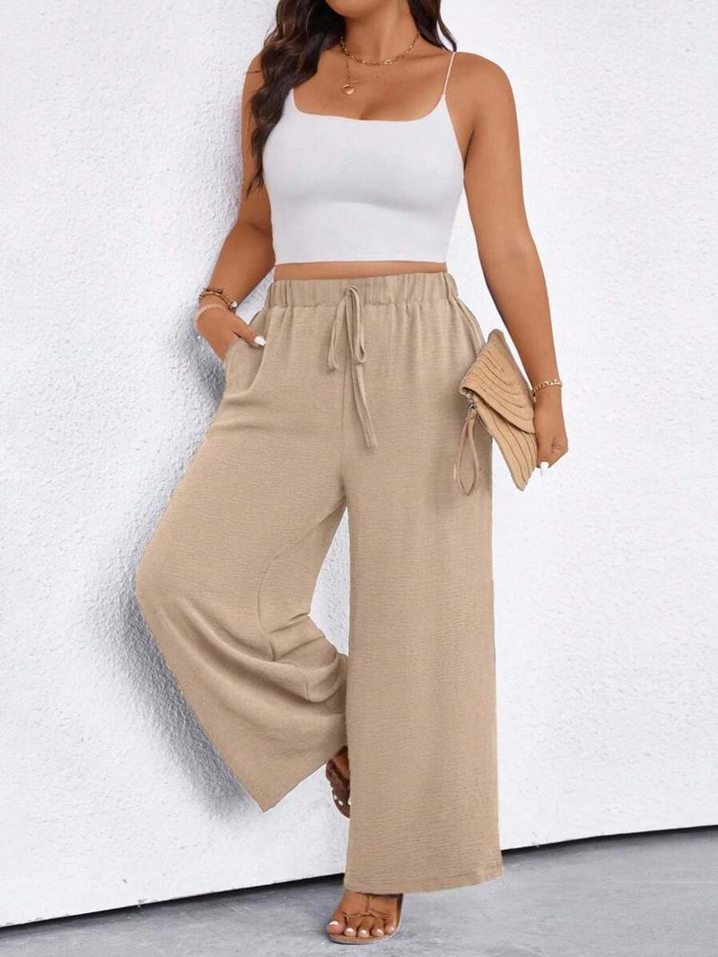 Plus Size Women's Solid Color Waistband Pocket Wide Leg Pants, Autumn Fabric, Fashionable Ladies' Clothing for Comfort and Style