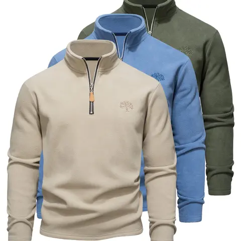 Men's Solid Zip Up Half Placket Fleece Athletic Sweatshirt, Regular Fit Casual Athletic Wear Long Sleeve Stand Collar Pullover for Outdoor Hiking, Men's Sportswear for Fall & Winter, Casual Sports Tops, Casual Athletic Style, Autumn Sports Top