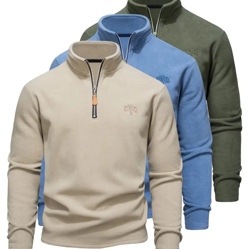 Men's Solid Zip Up Half Placket Fleece Athletic Sweatshirt, Regular Fit Casual Athletic Wear Long Sleeve Stand Collar Pullover for Outdoor Hiking, Men's Sportswear for Fall & Winter, Casual Sports Tops, Casual Athletic Style, Autumn Sports Top