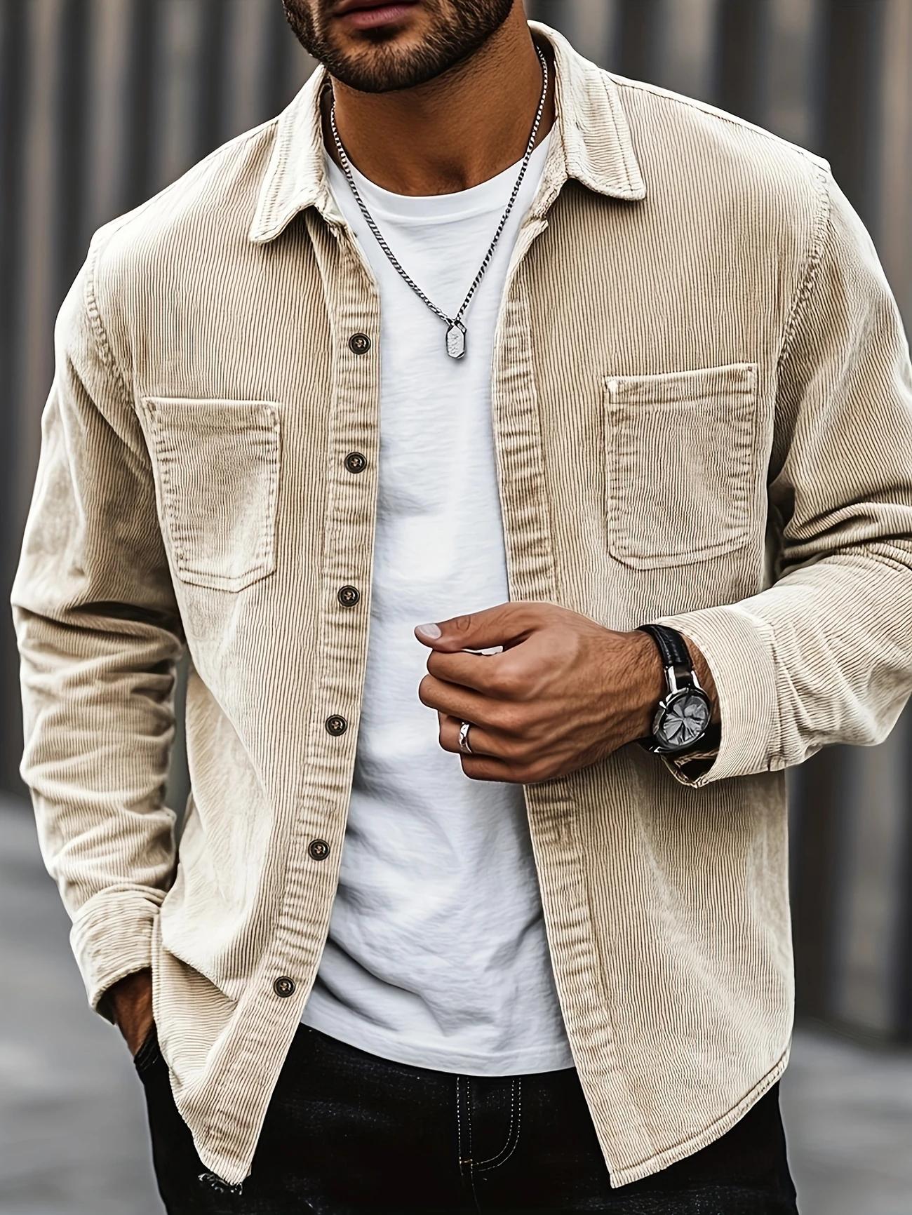 Popular corduroy material men's casual shirt jacket with lapel buttons, long sleeved cardigan, double patch pocket design suitable for daily leisure, fashion, simplicity, commuting, street fashion, spring and autumn long sleeved shirt