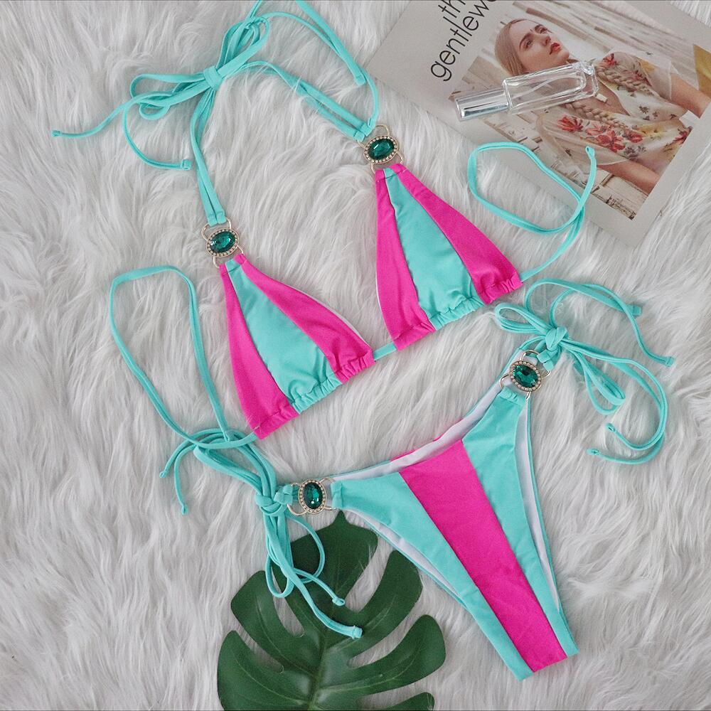 Women's Pink Mint Color Block Halter Bikini Two Piece Swimsuit, Triangle Top With Emerald Rhinestone Metal Hardware, Side Tie String Bikini Bottom, Contrast Color Tropical Beach Bathing Suit for Summer Vacation Pool