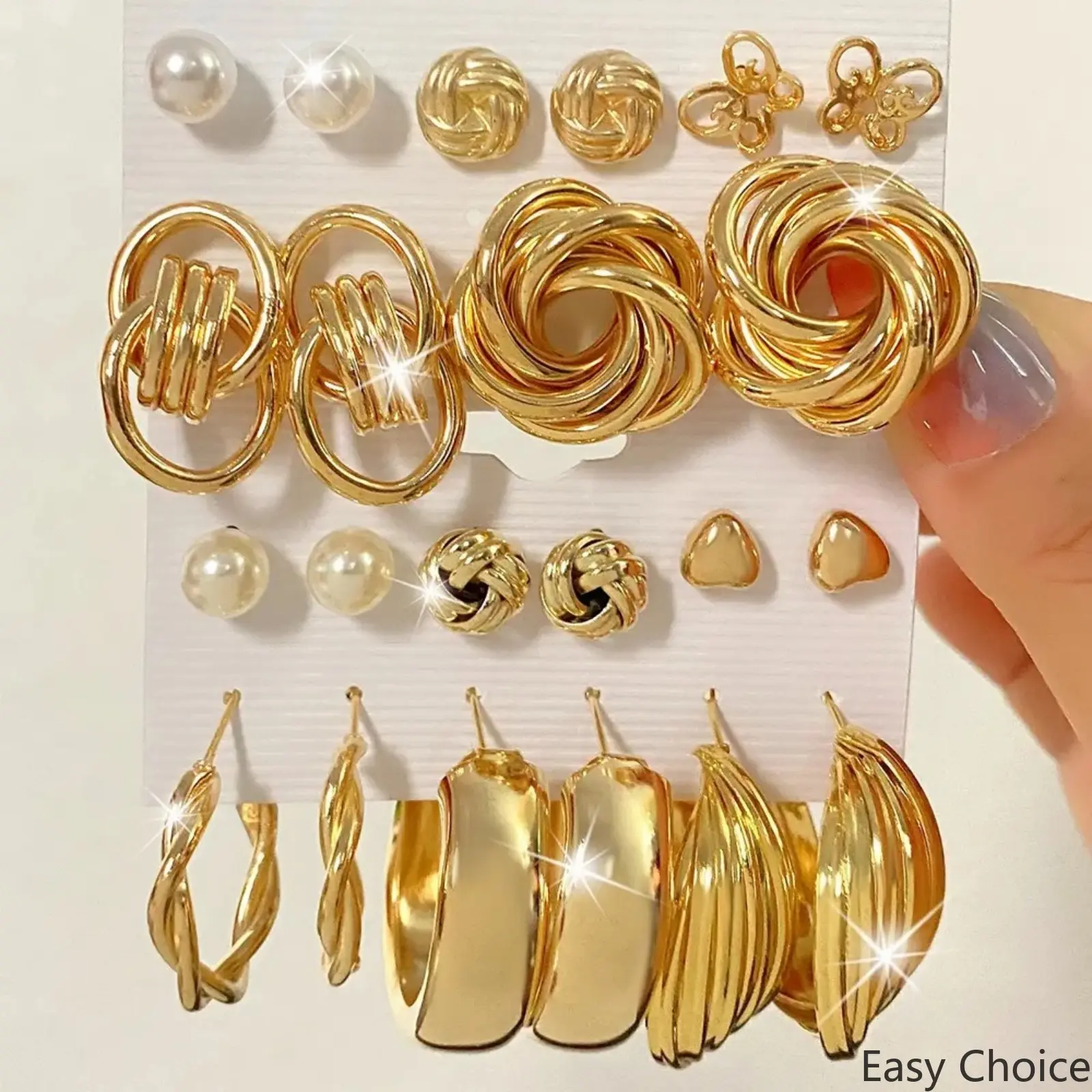 6-Pair Unisex Fashion Earrings Set with Chunky Hoops, Faux Pearl Clover Studs, and Geometric Dangles for Daily Wear, Artificial Pearl, Female, Fashionable Jewelry Accessories, Multiple Styles, Faux Pearl Studs
