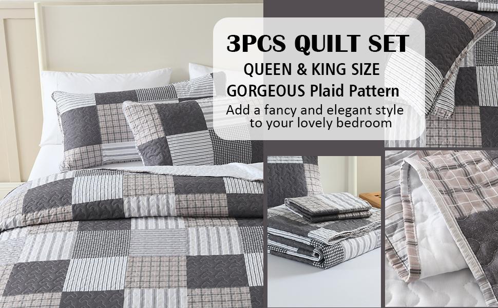 GREAGLE Quilt Set Queen Size, 3 Pieces Bedspread Coverlet Plaid Patchwork Quilt Farmhouse Queen Size Comforter Set Lightweight Bedding with 2 Pillow Covers Shams for All Season Gray Brown White cozy sheets
