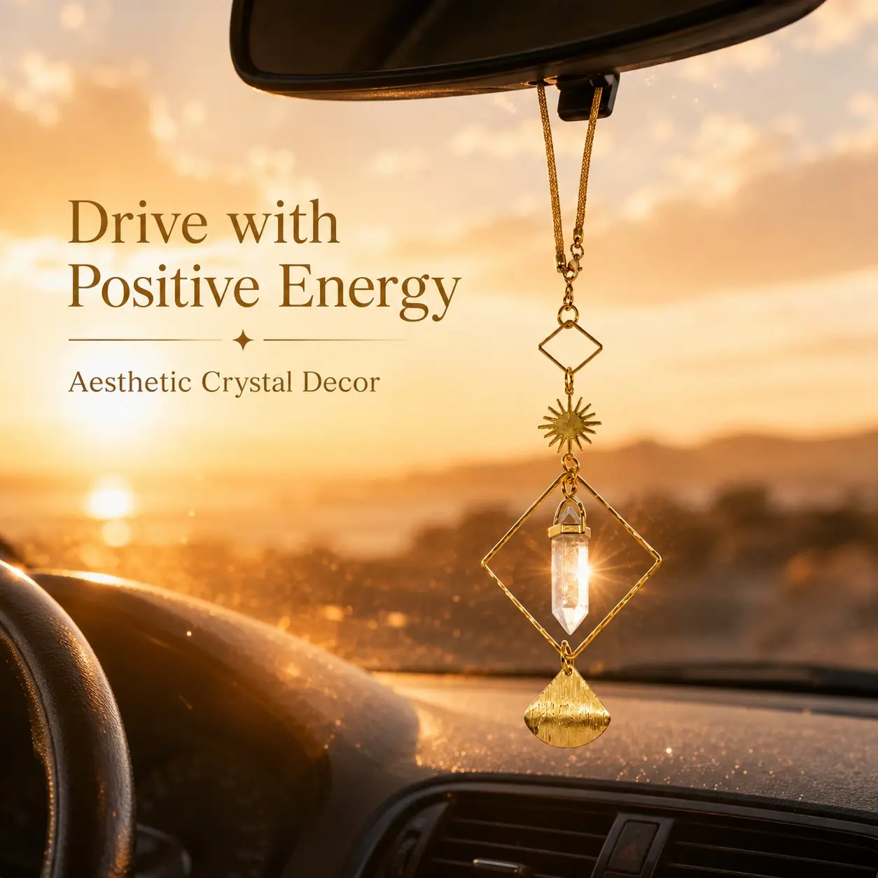 Natural Clear Quartz Car Hanging Ornament, Boho Gold Geometric Crystal Suncatcher for Rearview Mirror, Aesthetic Auto Interior Decor Accessories Charm for Women