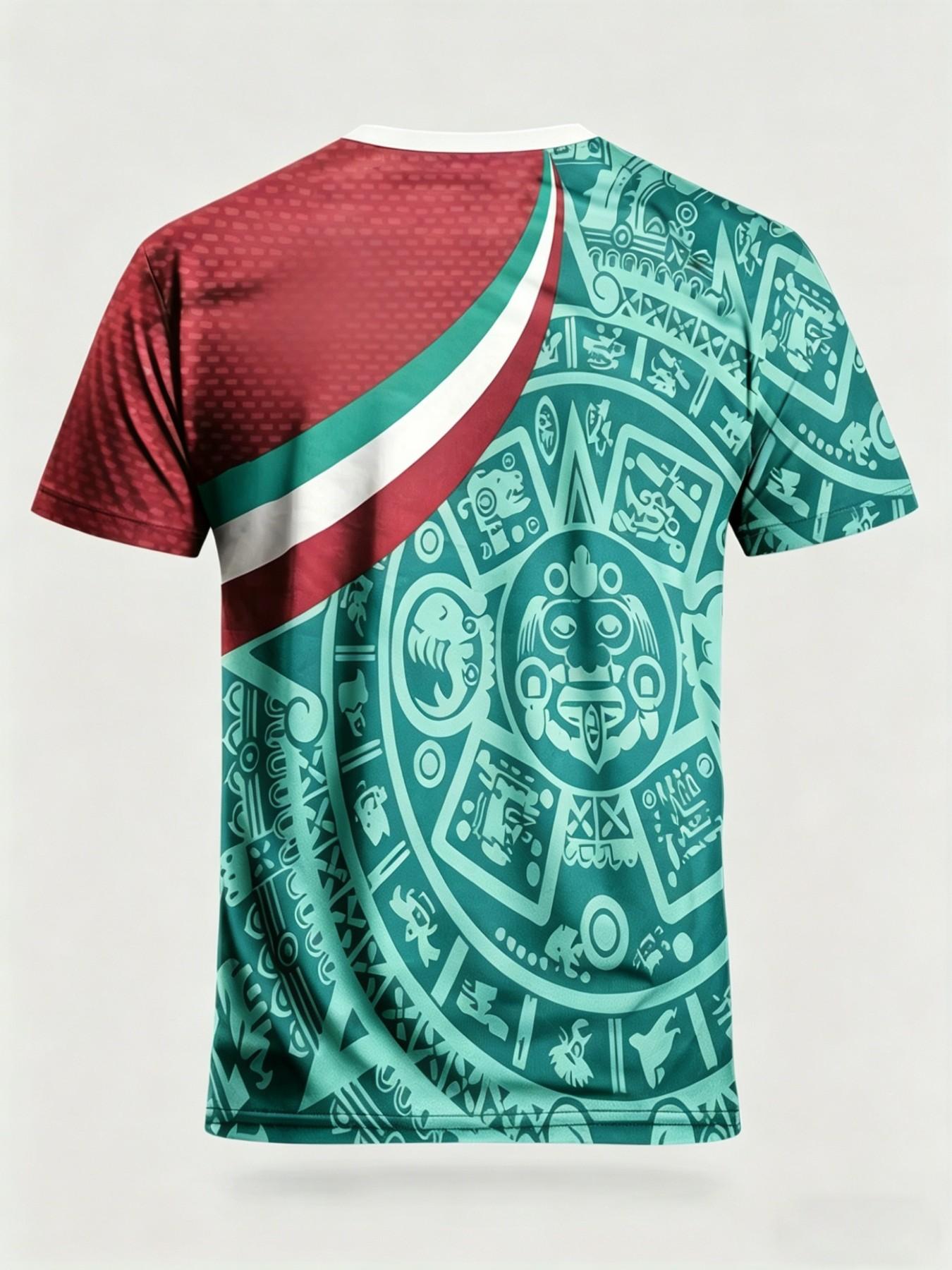 Men's Mexican Aztec Sunstone Flag Sport T-Shirt, Street Style Round Neck Short Sleeve Top, Geometric Pattern, All Seasons