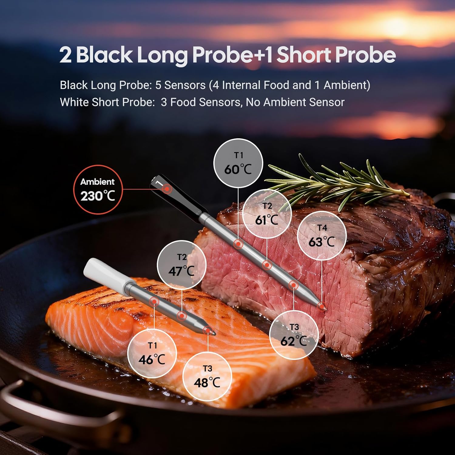 3-Probe  Meat Thermometer with WiFi & , 5-in-1 Sensor for Precision, Rechargeable  Meat Thermometer for Cooking BBQ, Grilling and  with Clear LCD Screen