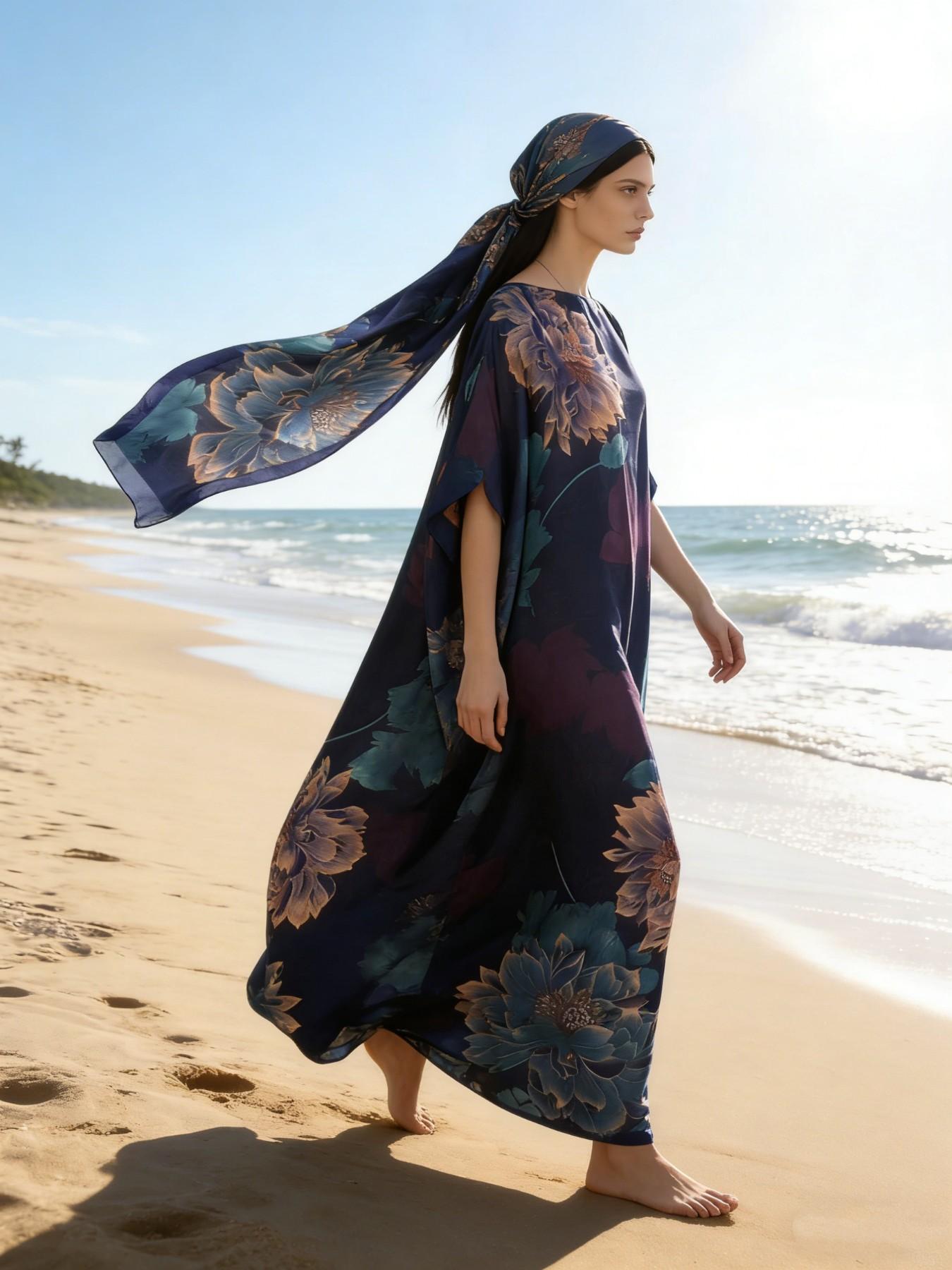 1dress+1scarf Viral Emerald Green Floral Print Satin Kaftan Maxi Dress with Matching Scarf – Silky Loose Fit, Plus Size Friendly, Luxury Loungewear, Beach Cover Up & Evening Party Wear, Must-Have Resort Fashion Piece