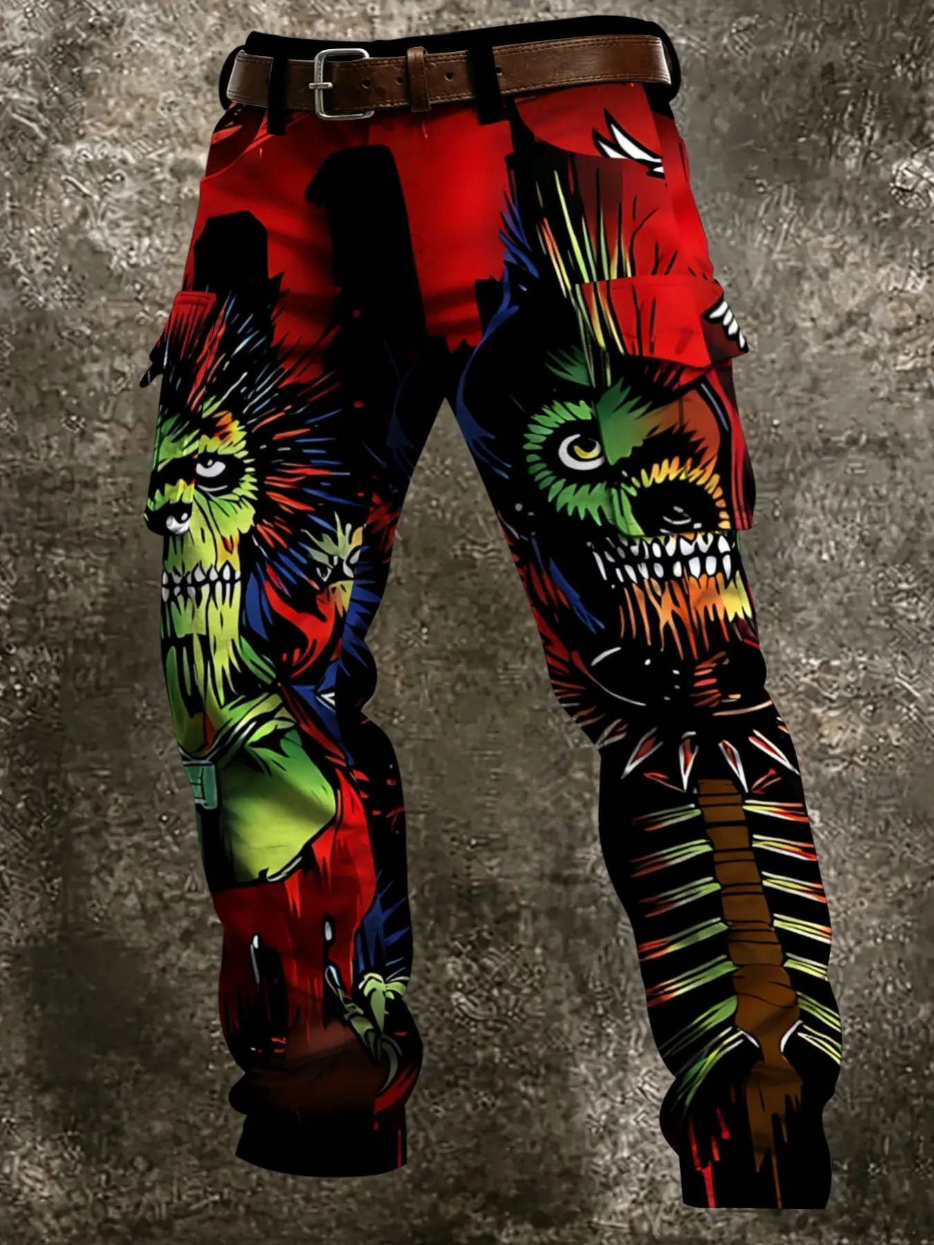 Functional Workwear Casual Pants, Full-Body Colorful Zombie Monster Pattern, Large Side Pockets, Dark Fashion Long Pants