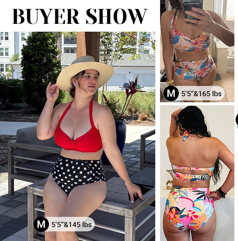 Holipick Women High Waisted Bikini Set Two Piece Tummy Control Swimsuit Halter Top with Bottom Bathing Suit Plus Size Swimsuit for Women Vintage Swimwear Ruffle Swimsuits