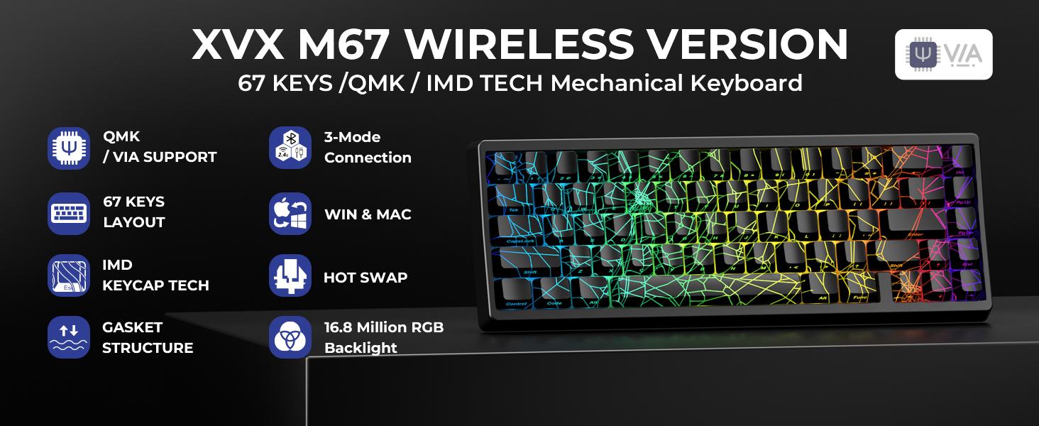 XVX M67 Tri-Mode Mechanical Keyboard With Spider Web IMD-Tech Keycaps, QMK/VIA  Gasket, RGB Hot Swappable, bluetooth