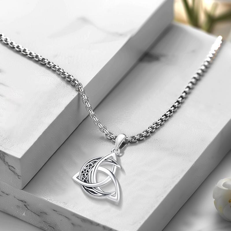 Celtic Knot & Crescent 925 Sterling Silver Cresent Pendant Necklace, Vintage Viking Witch Celtic Knot Pendant Neckalce, Triquetra Pendant, Good Luck Crescent Irish Necklace, Protection Amulet Jewelry Gift for Women Men,