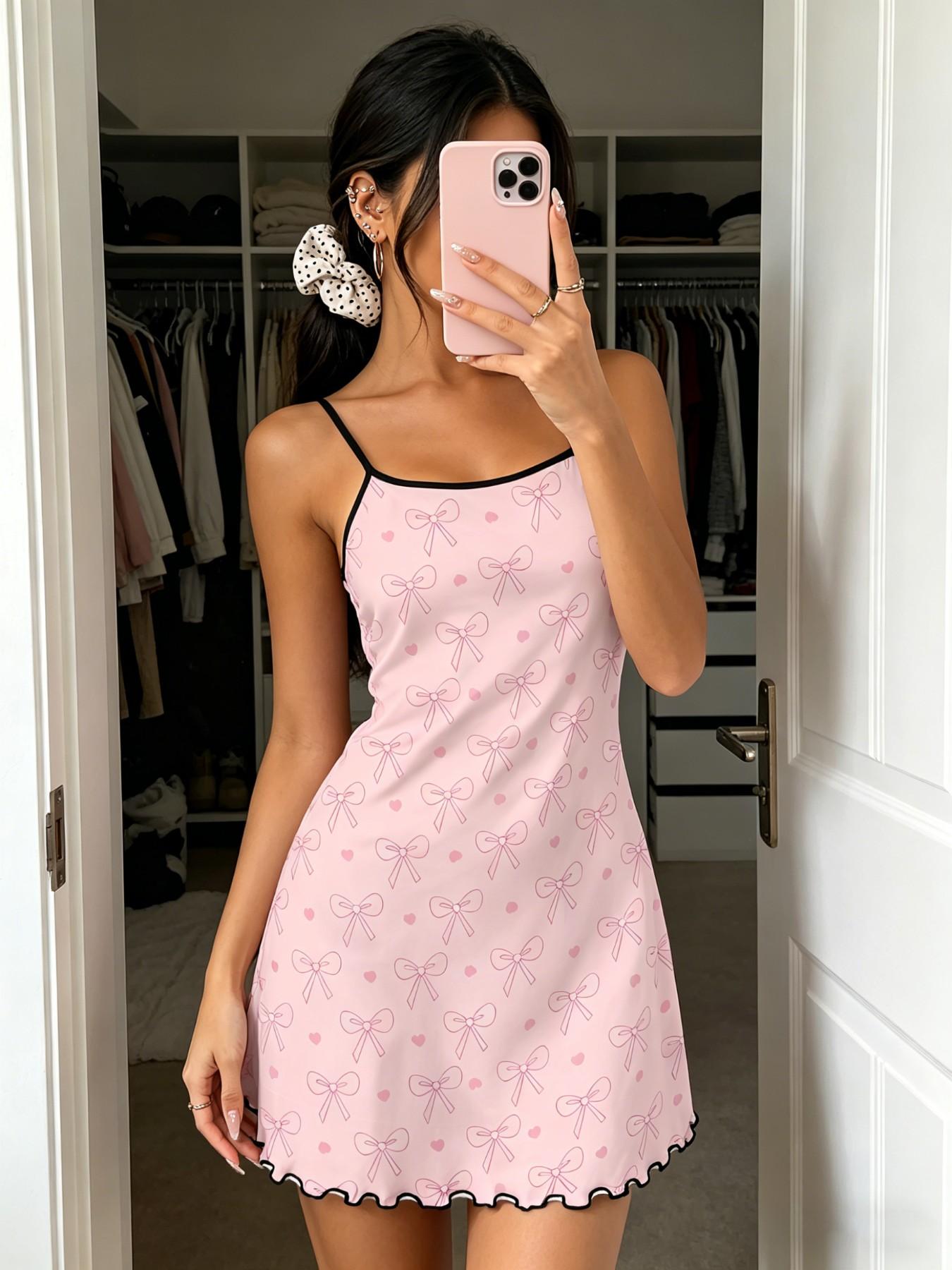 4-Pack Bow Print Nightdresses for Women, Nightwear Loungewear Sleeveless H-Type Slim Fit, Breathable Lightweight, Perfect for Spring Summer, Daily Home Wear