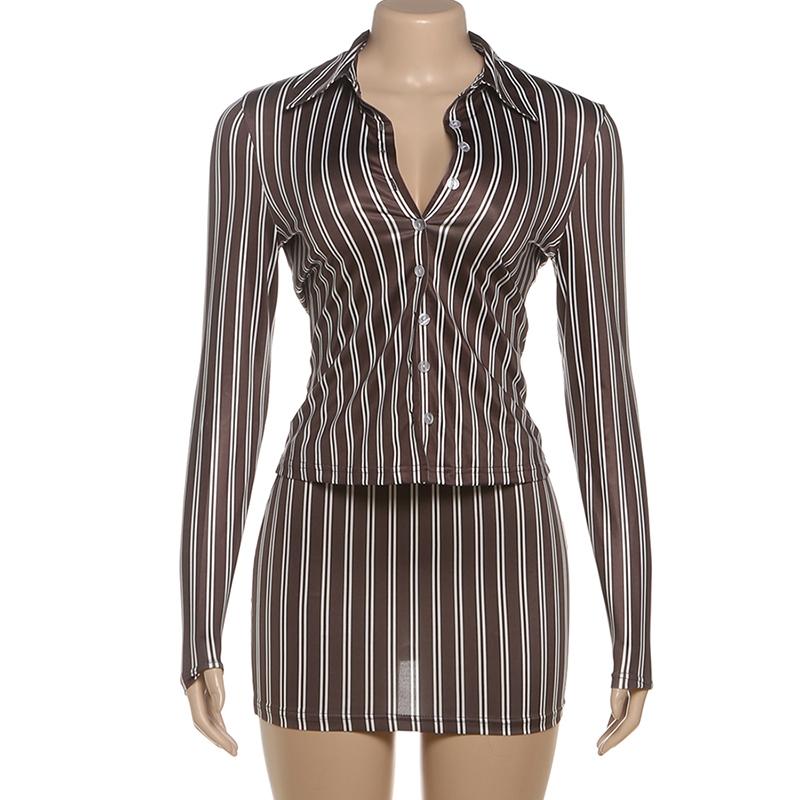 DOUCIU Tight Sexy Hot Basic Style Simple Casual Versatile Can Be Worn Inside Women'S Thin Striped Shirt Top Short Skirt Two-Piece Set Casual Fashion Set