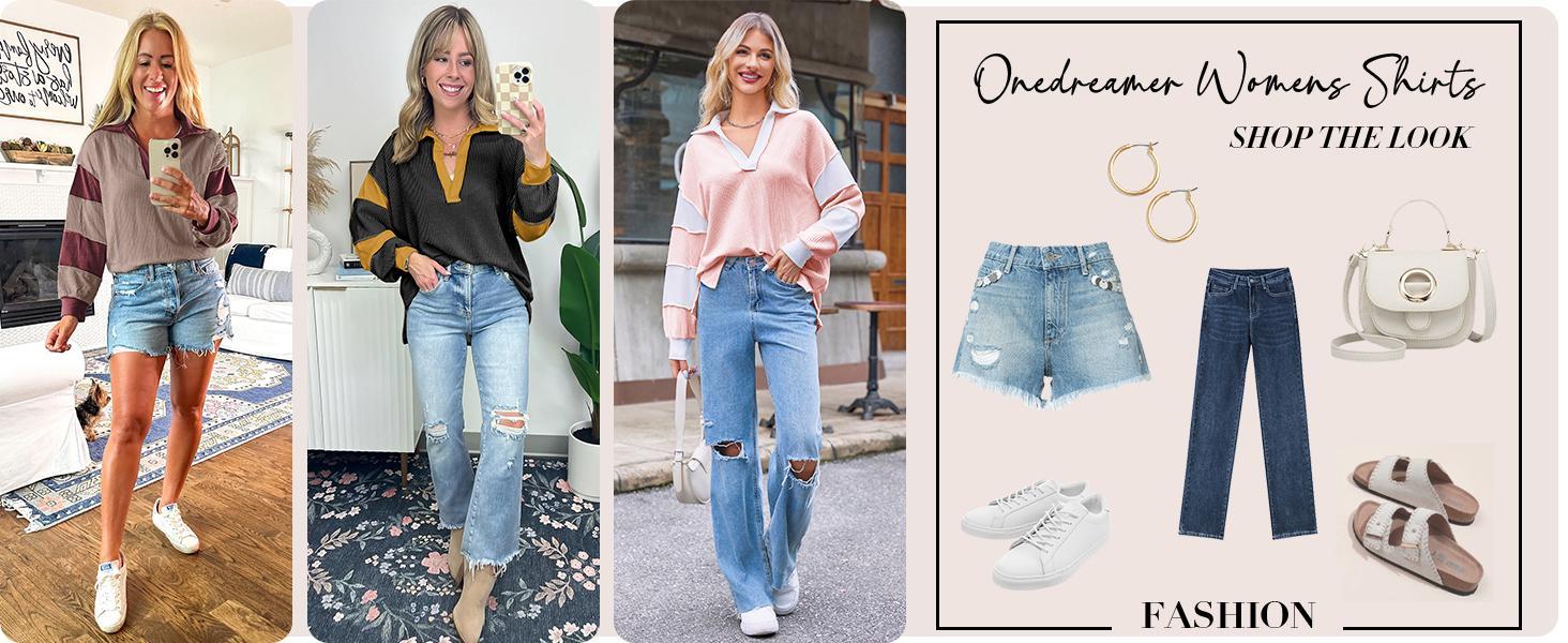 Imily Bela Womens Color Block Oversized Sweatshirt V Neck Long Sleeve Casual Loose Pullover Tops