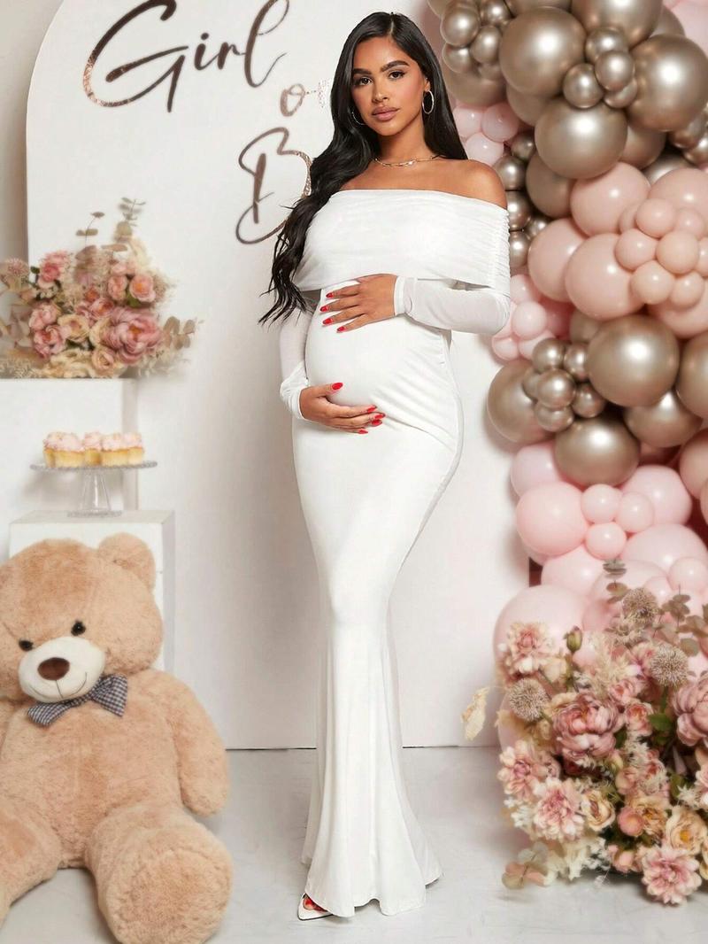 Solid Color off Shoulder Maternity Dress, Stylish Comfortable Design for Expecting Moms, Perfect for Baby Showers or Casual Outings, Maternity Clothing