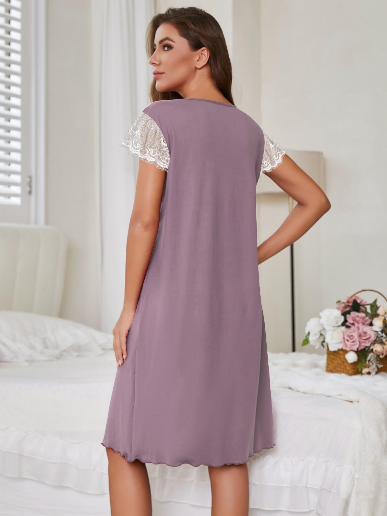 Summer & Spring Limited Edition Women's Sleep Dress, Round Neck Lace Trim Solid Color Elegant Comfortable Wear-Home Dress