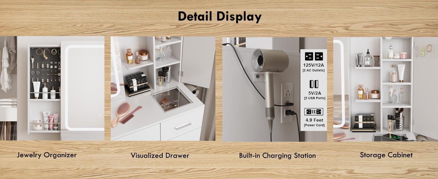 Vabches White Vanity Desk with Mirror and Lights,Makeup Vanity Table Set with Power Strip and Sliding Locker,Visual Drawer Makeup Desk with 5 Drawers&Shelves&Cabinet,3 Lighting Modes