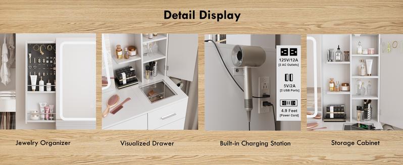 Vabches White Vanity Desk with Mirror and Lights,Makeup Vanity Table Set with Power Strip and Sliding Locker,Visual Drawer Makeup Desk with 5 Drawers&Shelves&Cabinet,3 Lighting Modes