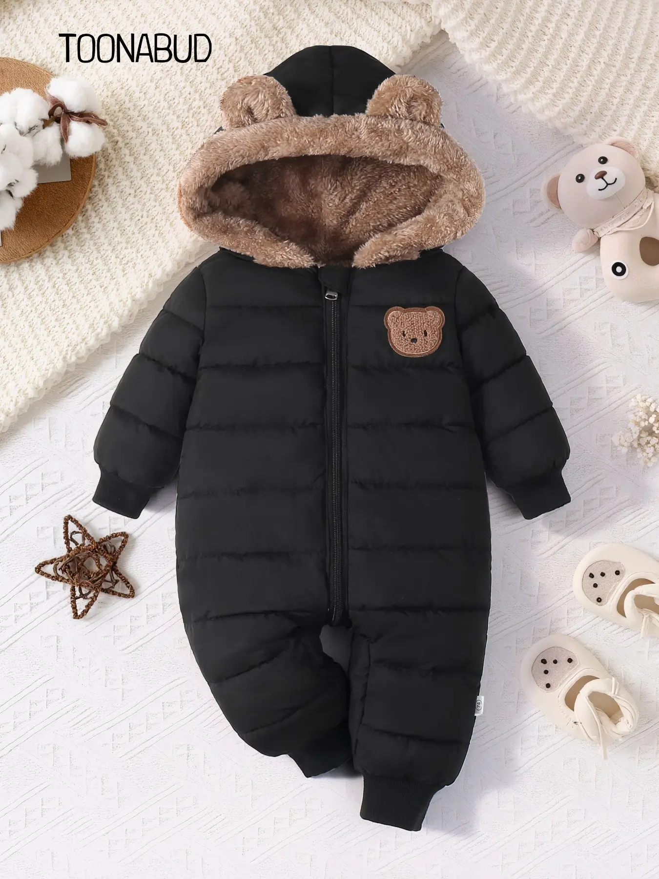【Black Friday】Cute Bear Thick Warm Baby One-Piece Snowsuit, Winter Hooded Bodysuit for Newborn Outdoor Wear, Halloween, Thanksgiving and Christmas Gifts