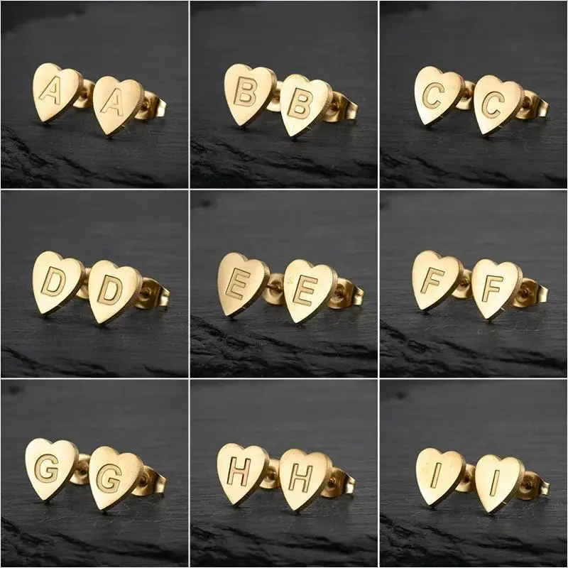 100% Stainless Steel A-Z Initial Earrings for Women Girls Personalize Letter Name Heart Stud Earring Family Jewelry Best Gifts