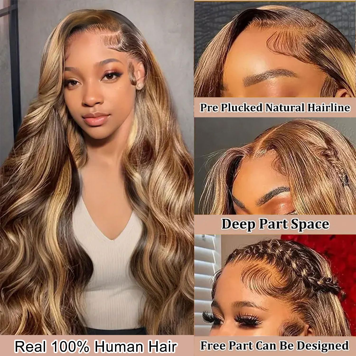 Highlight P4/27 Honey Blonde Body Wave Lace Front Wig 13x6 Brown Colored Human Hair Wigs with Baby Hair for Women 99J/Natural Black 180% Density