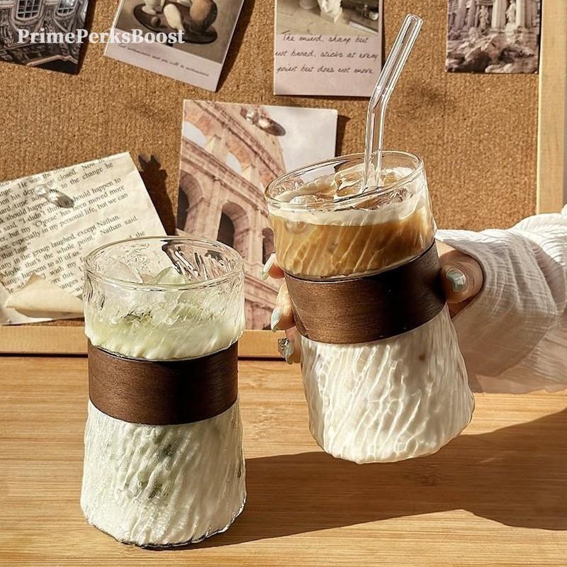 Aesthetic Glacier Textured Borosilicate Glass Tumbler with Wooden Sleeve, Thickened Heat Insulated Coffee Cup, Food Grade BPA Free, Easy Clean, Dishwasher Safe for Iced Coffee Whiskey,Home Office Bar Daily Use, Housewarming Birthday Gift for Coffee Lovers