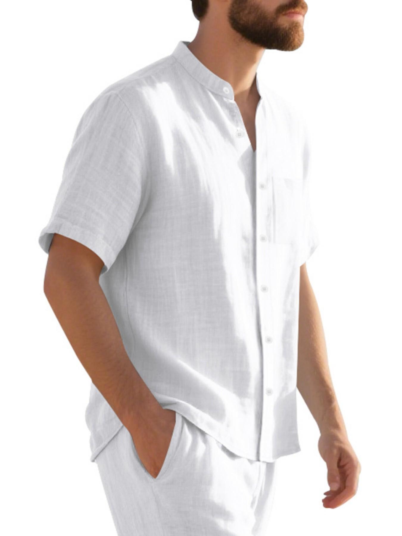 Men's Stand Collar Short Sleeve Shirt, Textured Half Button Front Chest Pocket Top, Breathable Casual Business Versatile Blouse