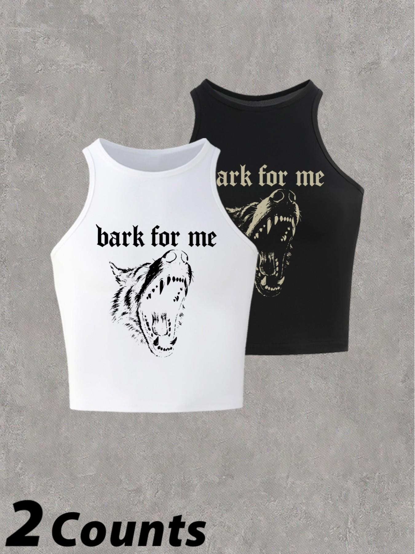 Women's 'bark for Me' Wolf Pattern Tank Top, Y2K Street Style, Gothic Sleeveless Shirt, Loose-Fitting, Multiple Colors Available