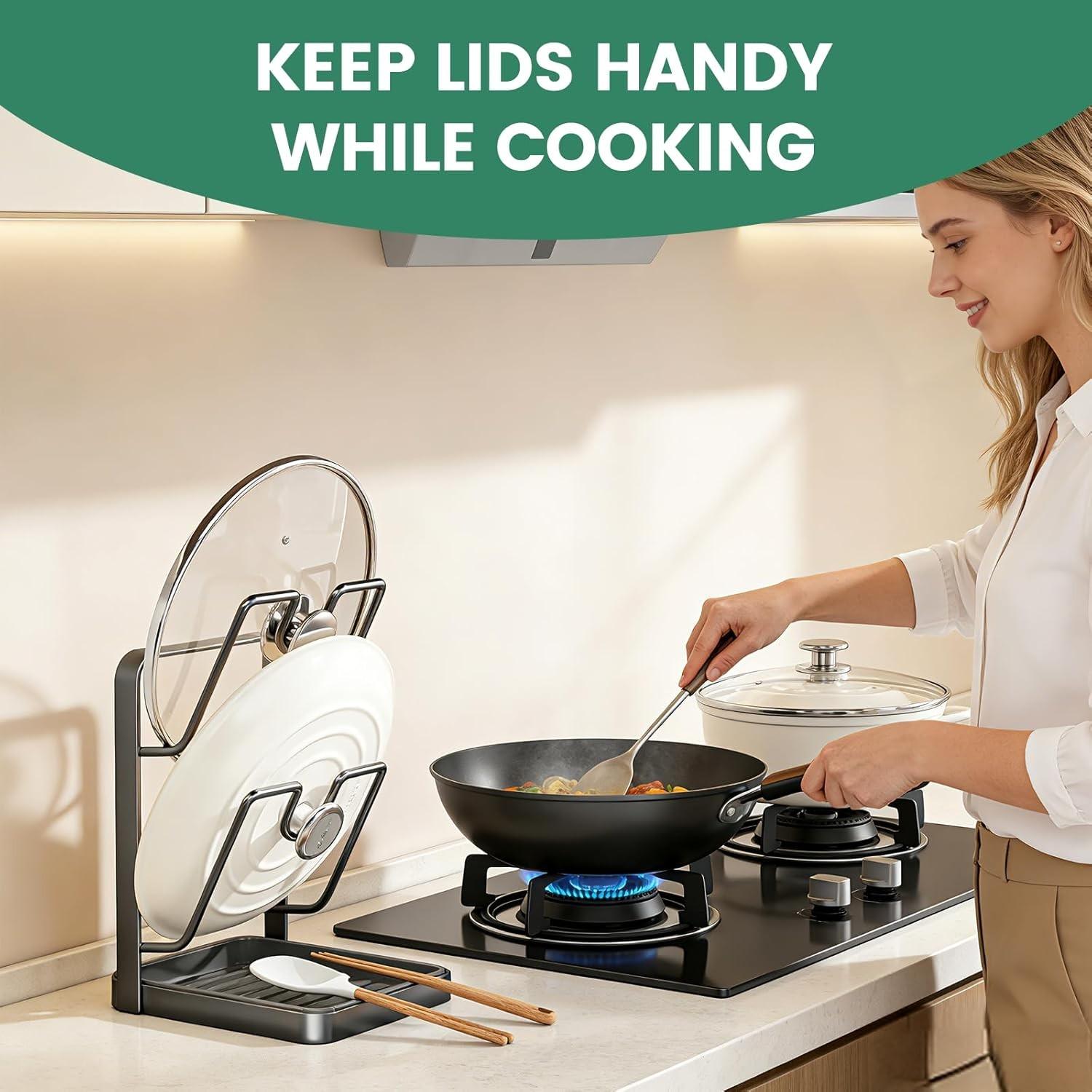 Kitchen Pot Lid Storage Rack, 2026 Upgraded Multi-Functional Pot Lid Organizer, Cooking Lid Holder with Detachable Drip Tray