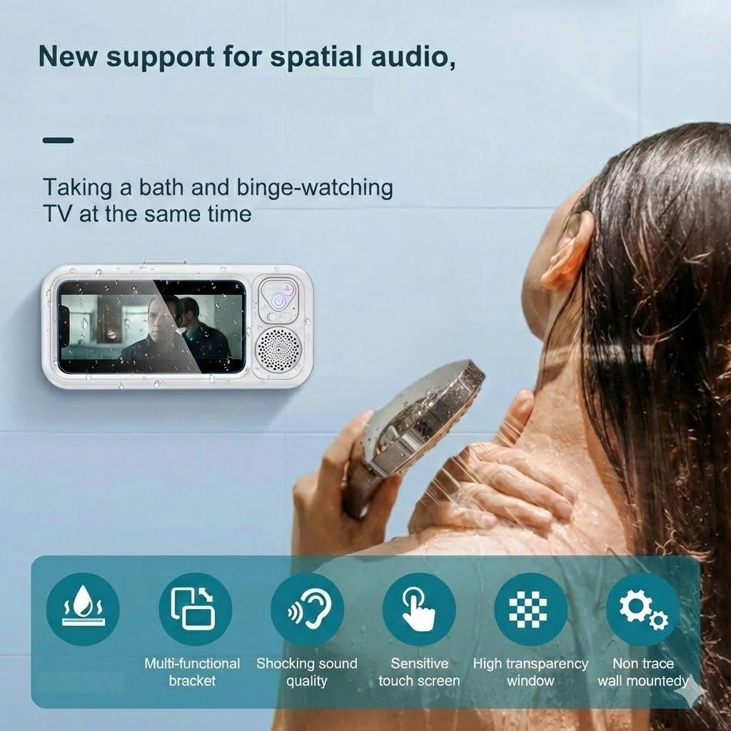 Waterproof box speaker, bathroom waterproof 360 ° rotating touch screen, Bluetooth speaker, watch movies, listen to music, phone holder Bluetooth speaker audio shower TV holder, swimming pool, kitchen, bathroom, sink, Streaming