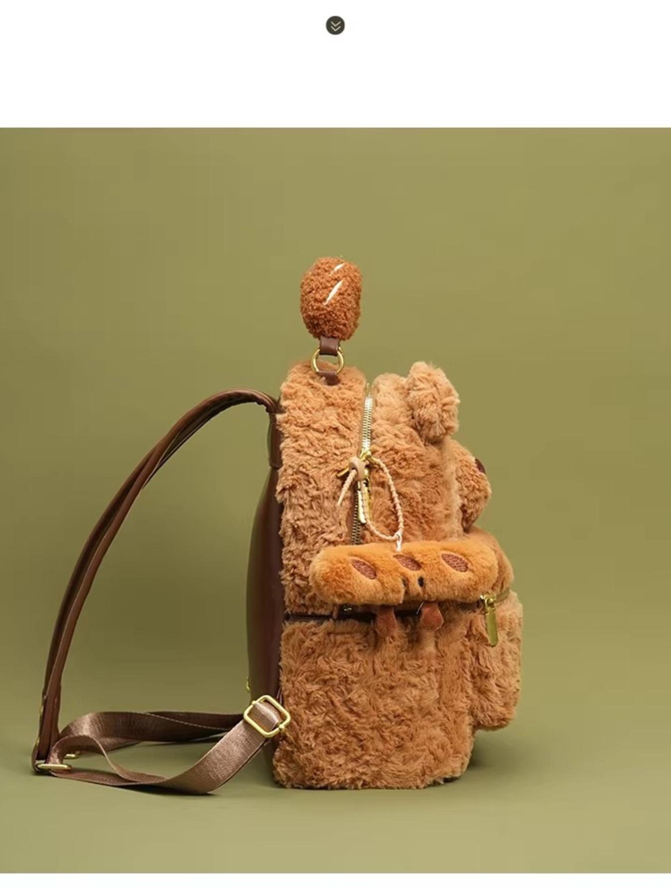 Teddy Bear Backpack - Cute and Playful Plush Shoulder Bag for Women | Mini Backpack with 3D Bear Face and Pom-pom Ornaments | Soft and Fluffy Crossbody Bag, Ideal for School, Outings and Daily Outfits | Viral Fashion Accessory on Douyin | Perfect Gift for